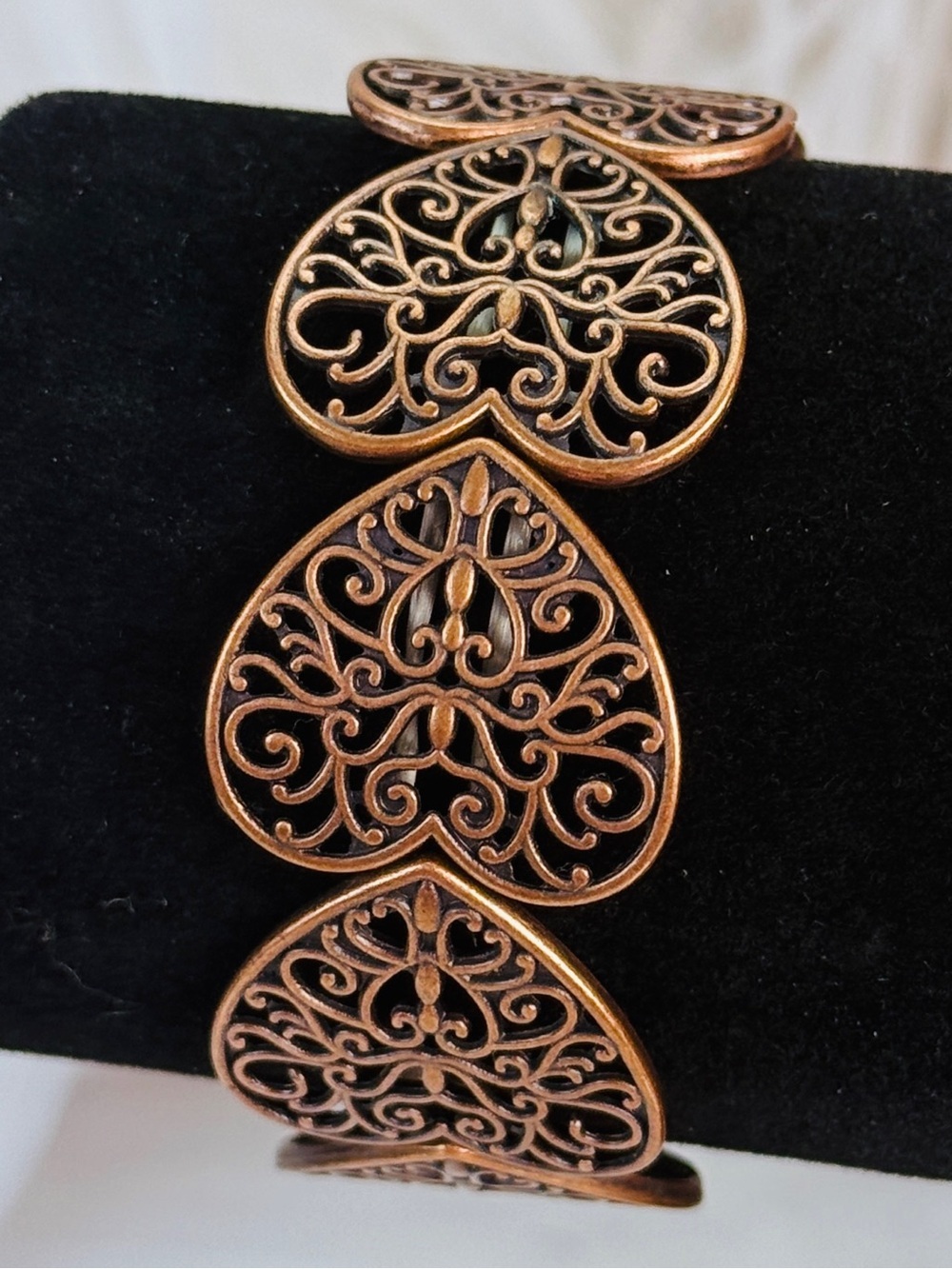 Copper tone Heart Filigree Stretch Bracelet - Picture 7 of 14